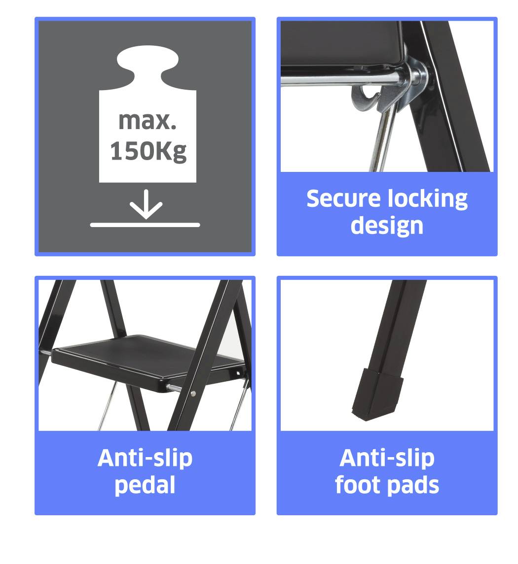 'Max. 150Kg' weight capacity, secure locking design, anti-slip pedal, and anti-slip foot pads shown as features of a step ladder.