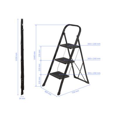 A black three-step ladder with dimensions: height 1150 mm, step width 300 mm, and total width 465 mm. Step gaps are 235 mm.