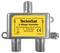 'TechniSat 2-Wege Verteiler': A metallic two-way signal splitter for satellite systems, with two outputs and one input labeled for frequencies 5-2150 MHz.