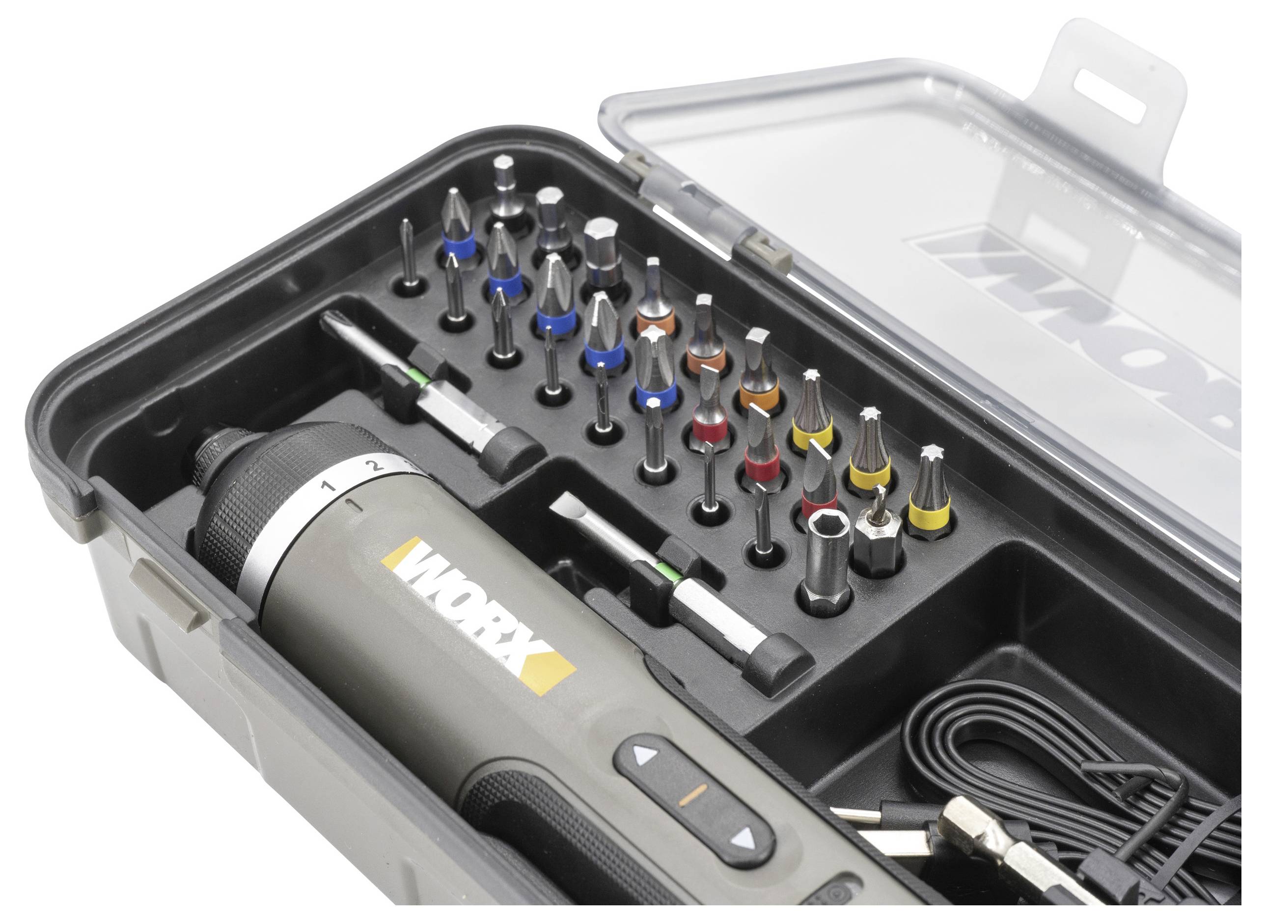 A toolkit with a cordless screwdriver, various color-coded bits, and a charging cable in a plastic case.