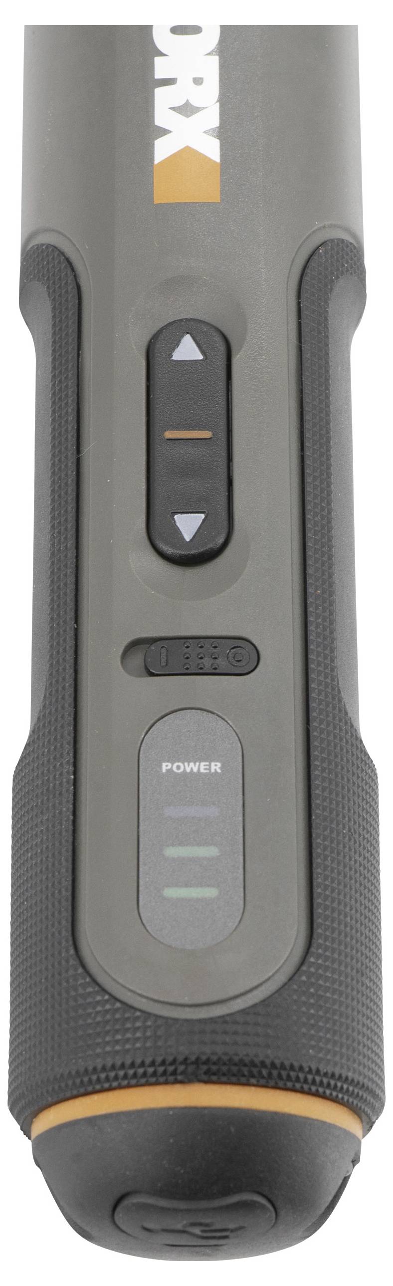 A black and gray tool with an orange accent, featuring a power button and battery level indicator; brand name 'WORX' appears on top.