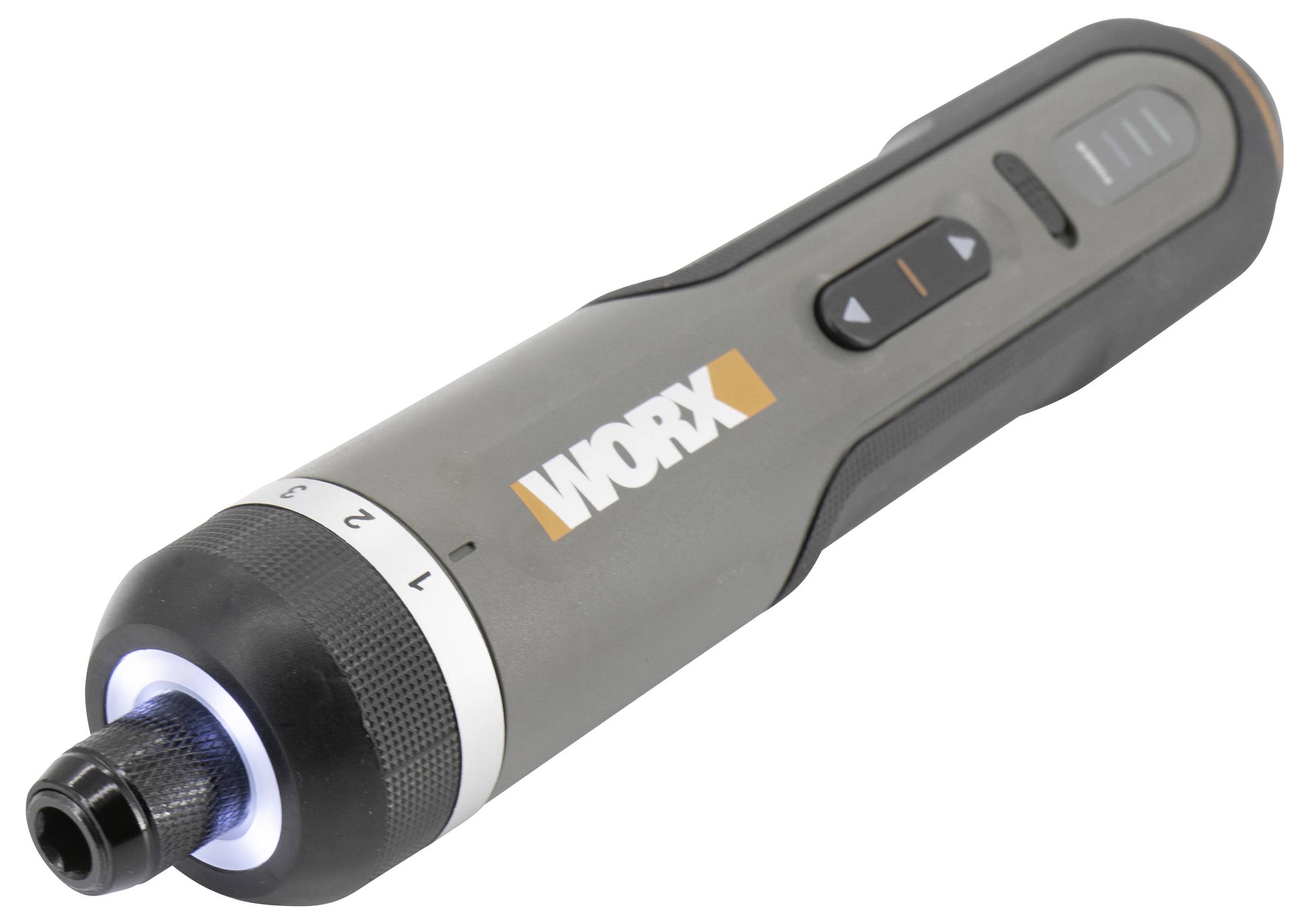 Cordless electric screwdriver with LED light, displaying 'WORKX' logo. Control buttons are visible on the handle.