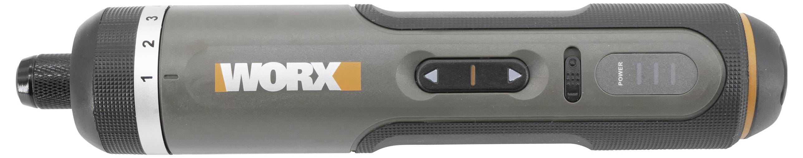 Cordless screwdriver with adjustable torque settings, showing brand logo 'WORX' on side. Black grip, orange accents, LED display.