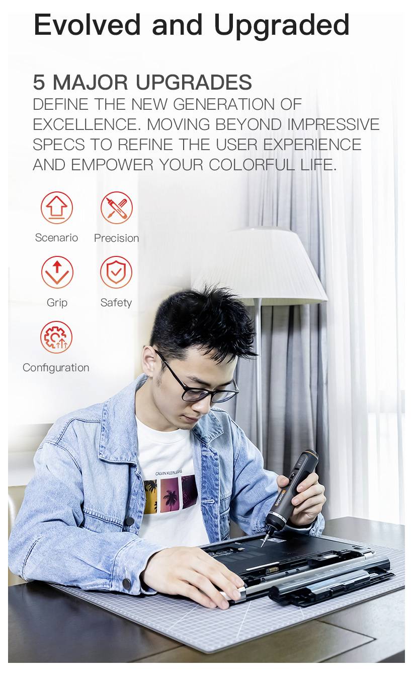 Person at a desk using a tool on a device. Headline reads 'Evolved and Upgraded'. Text highlights 5 major upgrades: Scenario, Precision, Grip, Safety, Configuration.