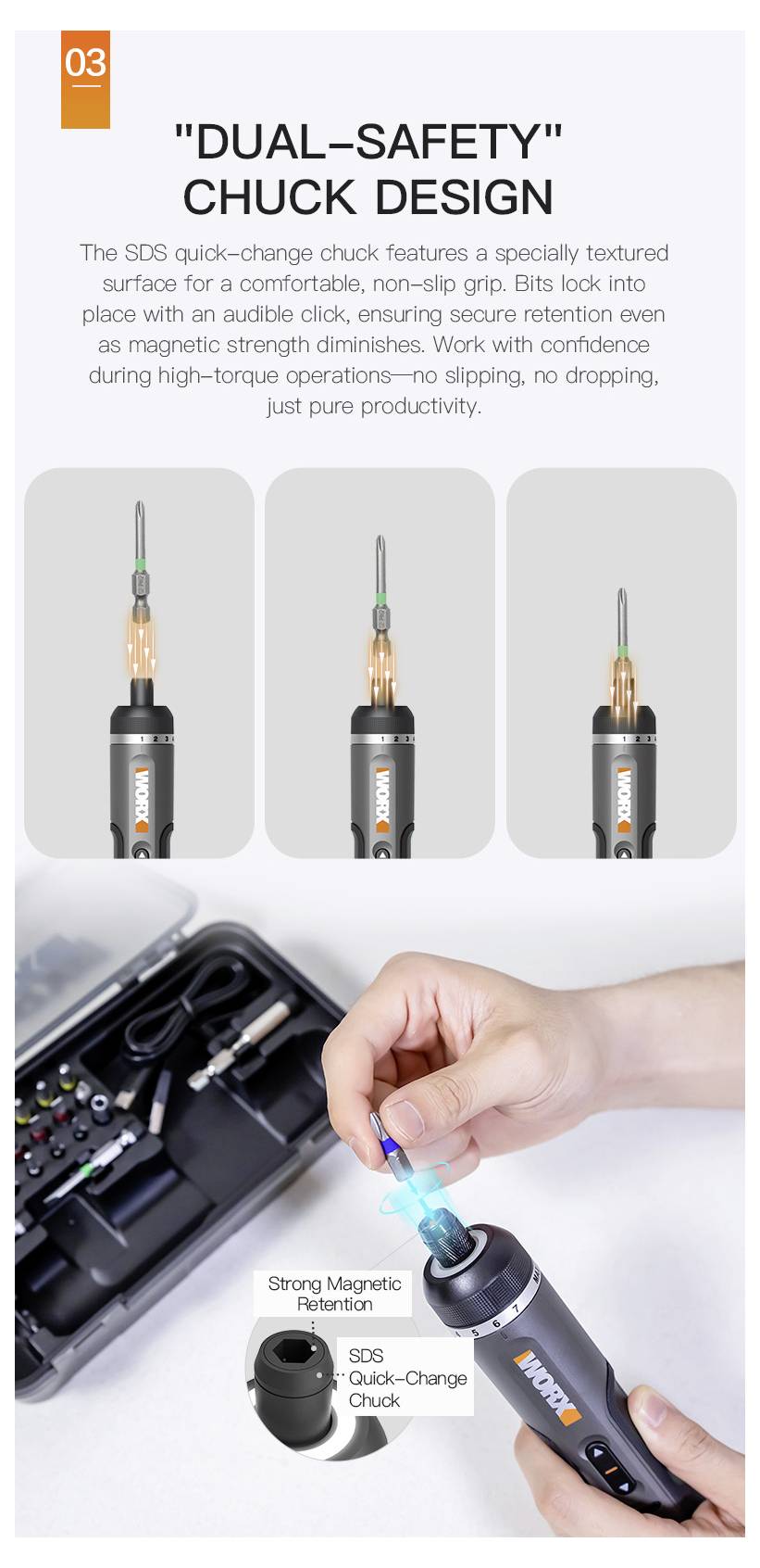 'DUAL-SAFETY' chuck design showcases a screwdriver with SDS quick-change chuck for secure, non-slip bit retention, enhancing productivity.