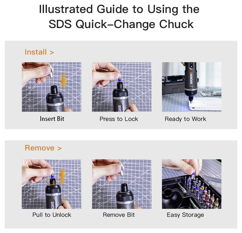 'Illustrated guide for SDS Quick-Change Chuck: Insert bit, press to lock, ready to work. Remove: pull to unlock, remove bit, easy storage.'
