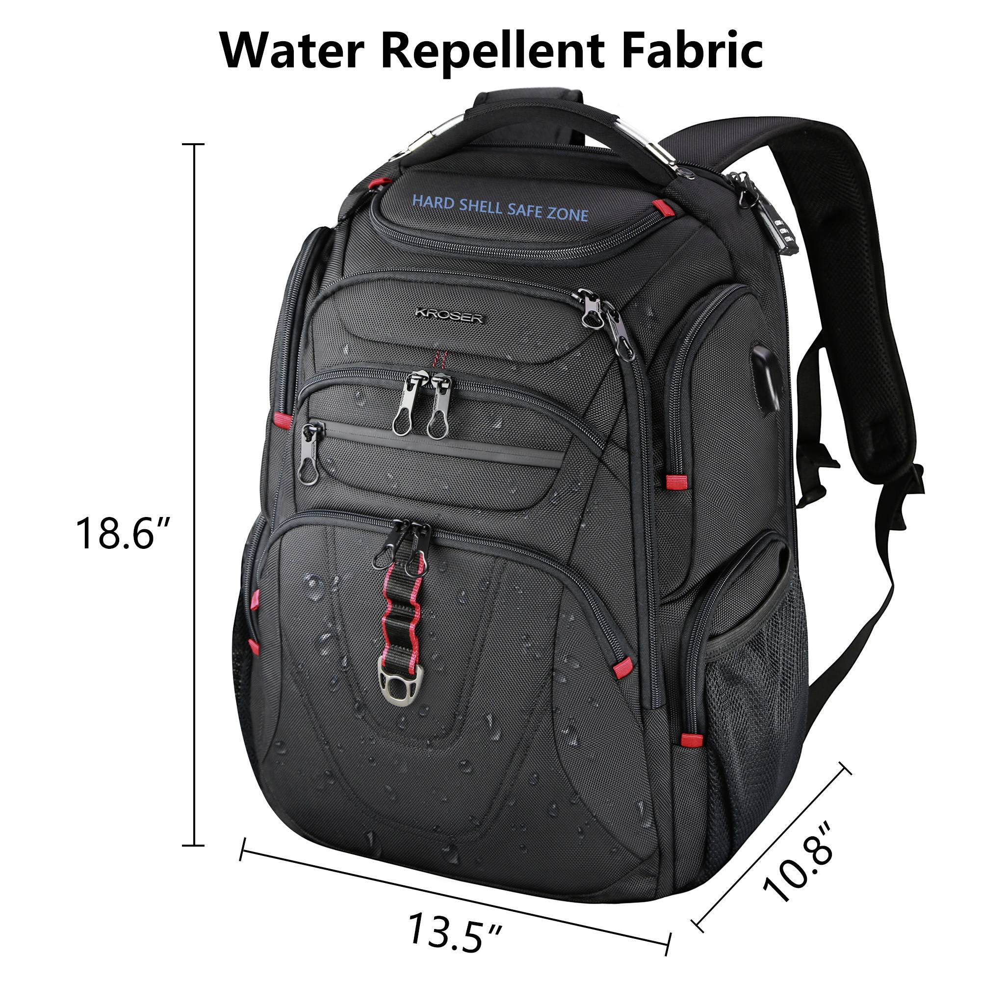 A black backpack with water droplets highlights water-repellent fabric. It features 'HARD SHELL SAFE ZONE,' dimensions 18.6" x 13.5" x 10.8".