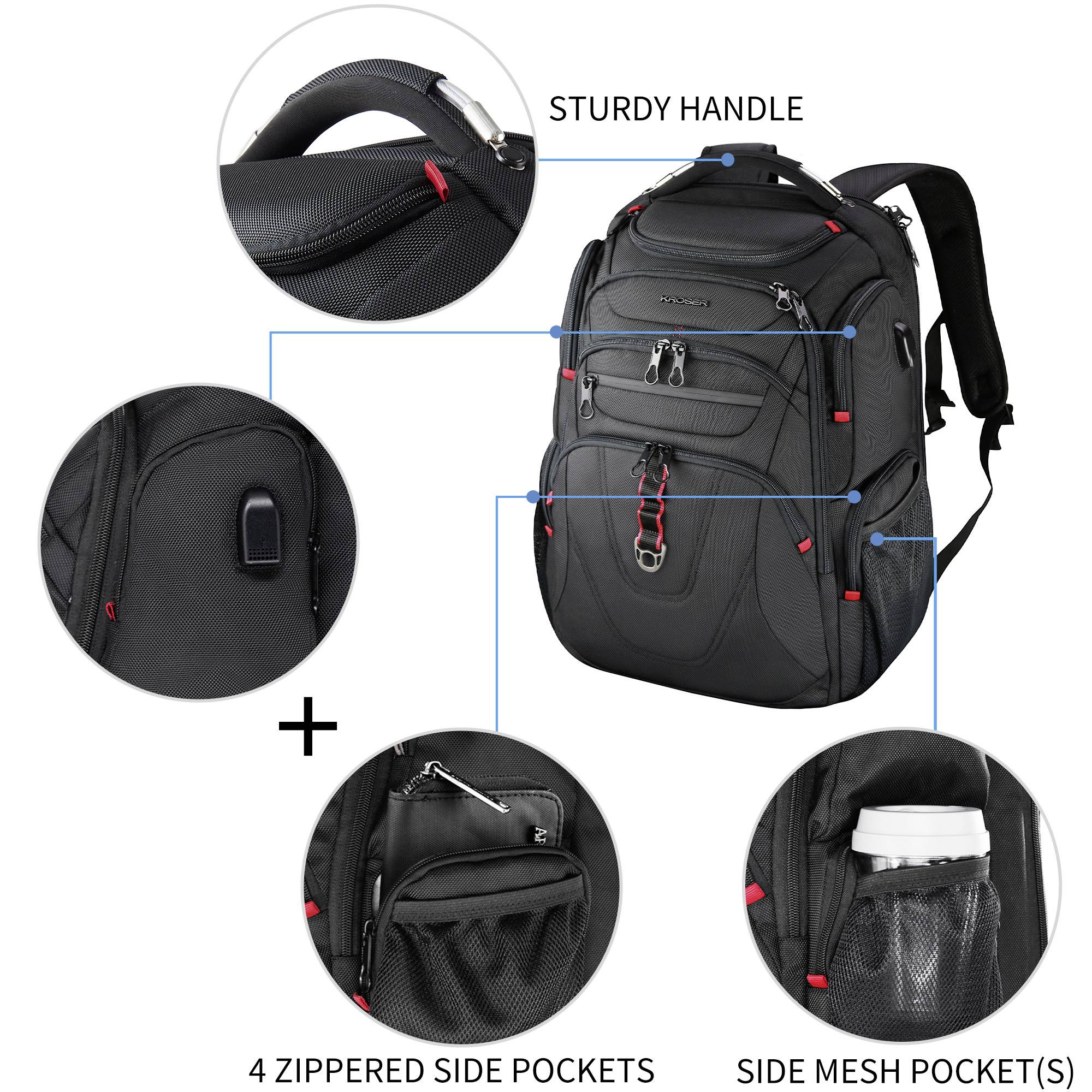 A black backpack with a sturdy handle, USB port, four zippered side pockets, and a mesh pocket for a water bottle.