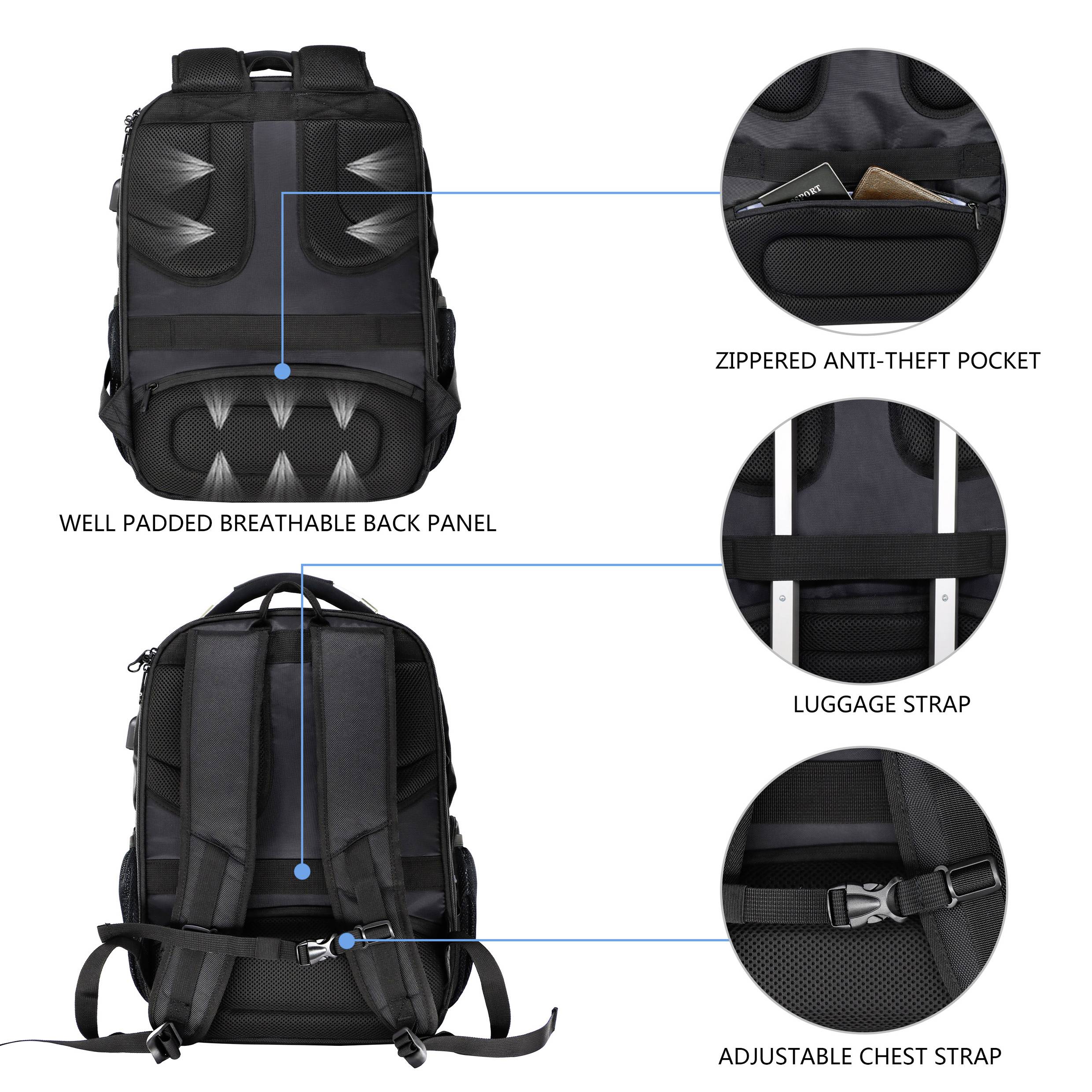Black backpack details: well-padded breathable back panel, zippered anti-theft pocket, luggage strap, adjustable chest strap.