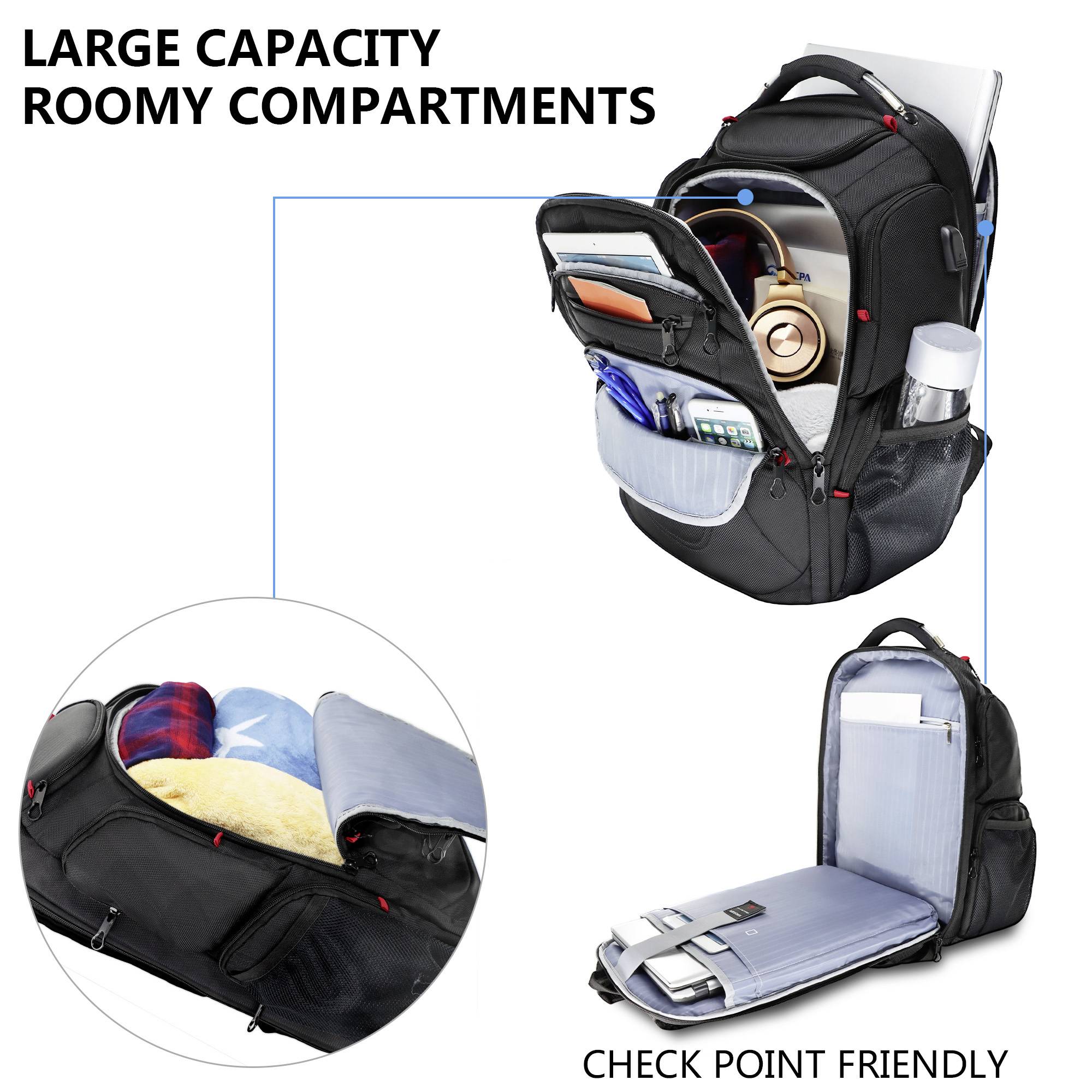 A black travel backpack features large capacity and organized compartments. Includes laptop sleeve, outer pouches, and is checkpoint friendly.