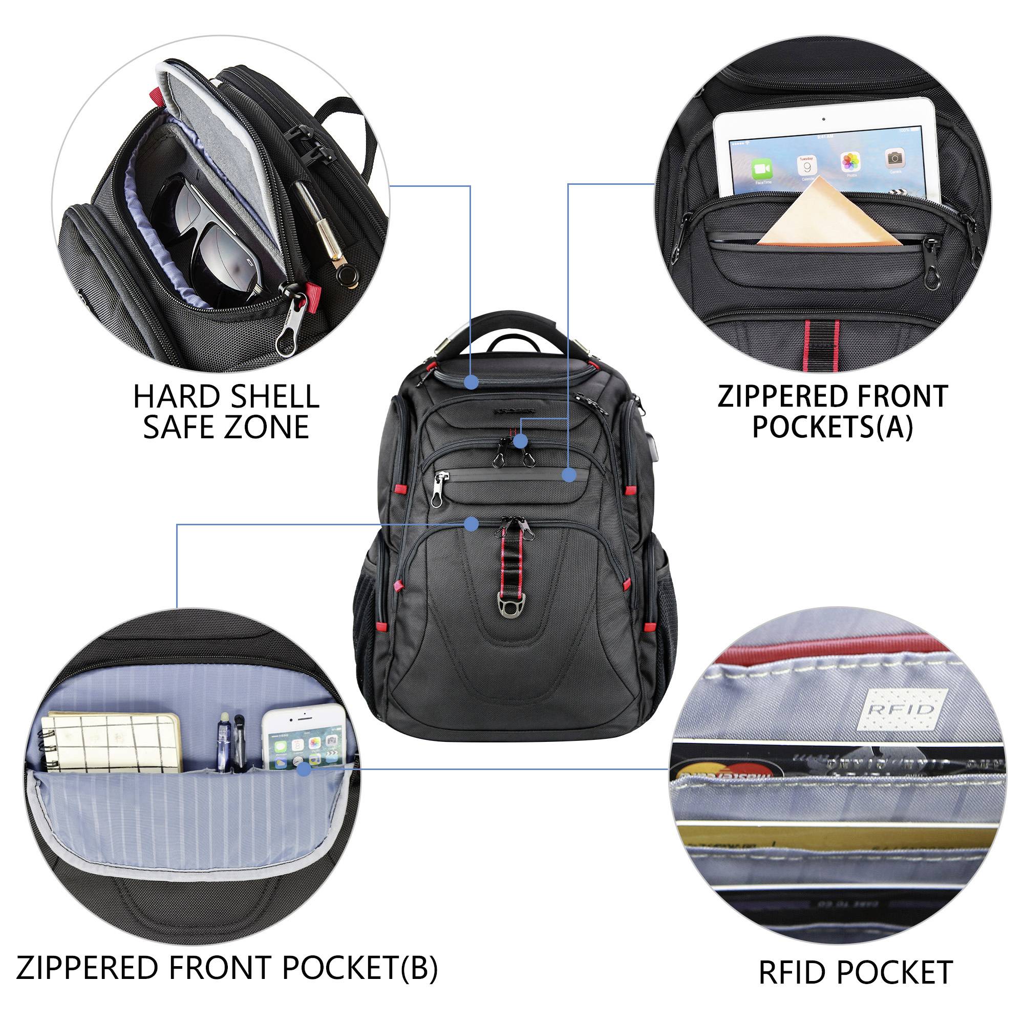 A black backpack with multiple features: hard shell safe zone for devices, zippered front pockets (A and B), and an RFID pocket.