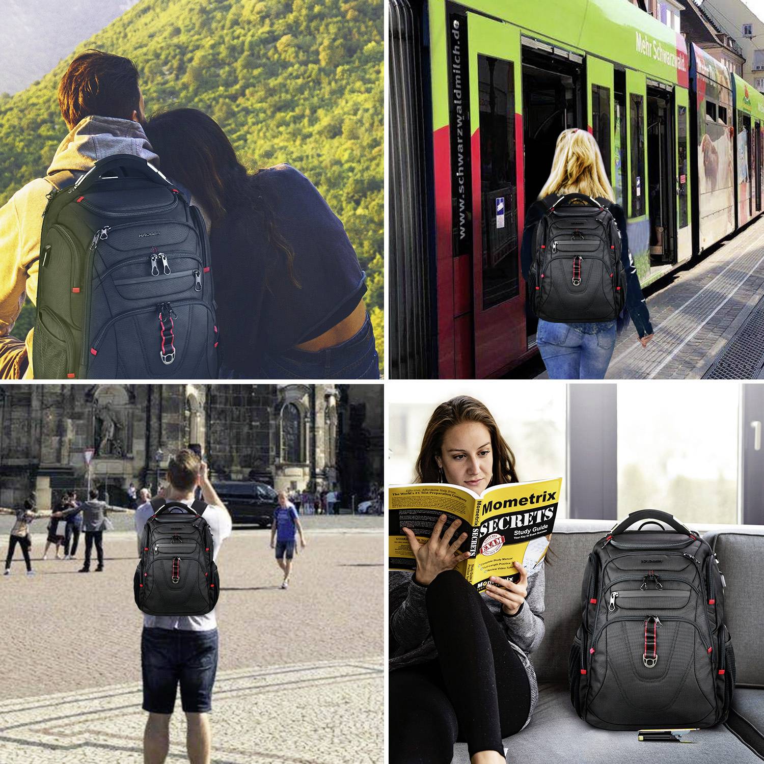 A collage of four images showing people using black backpacks in various situations: hiking, waiting for a train, sightseeing, and studying.