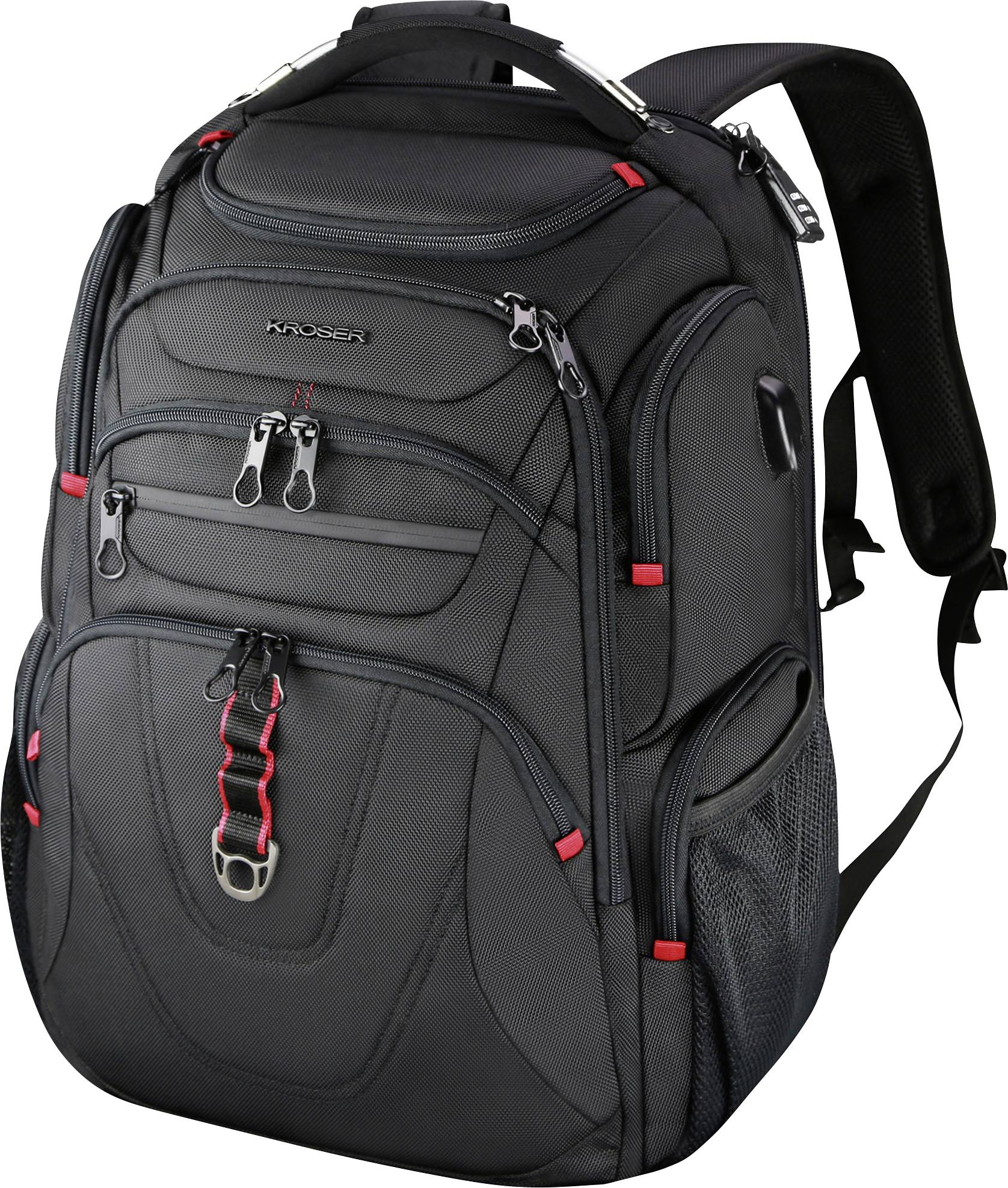 A black multi-compartment backpack with red accents, designed for laptop storage with side mesh pockets and adjustable padded shoulder straps.