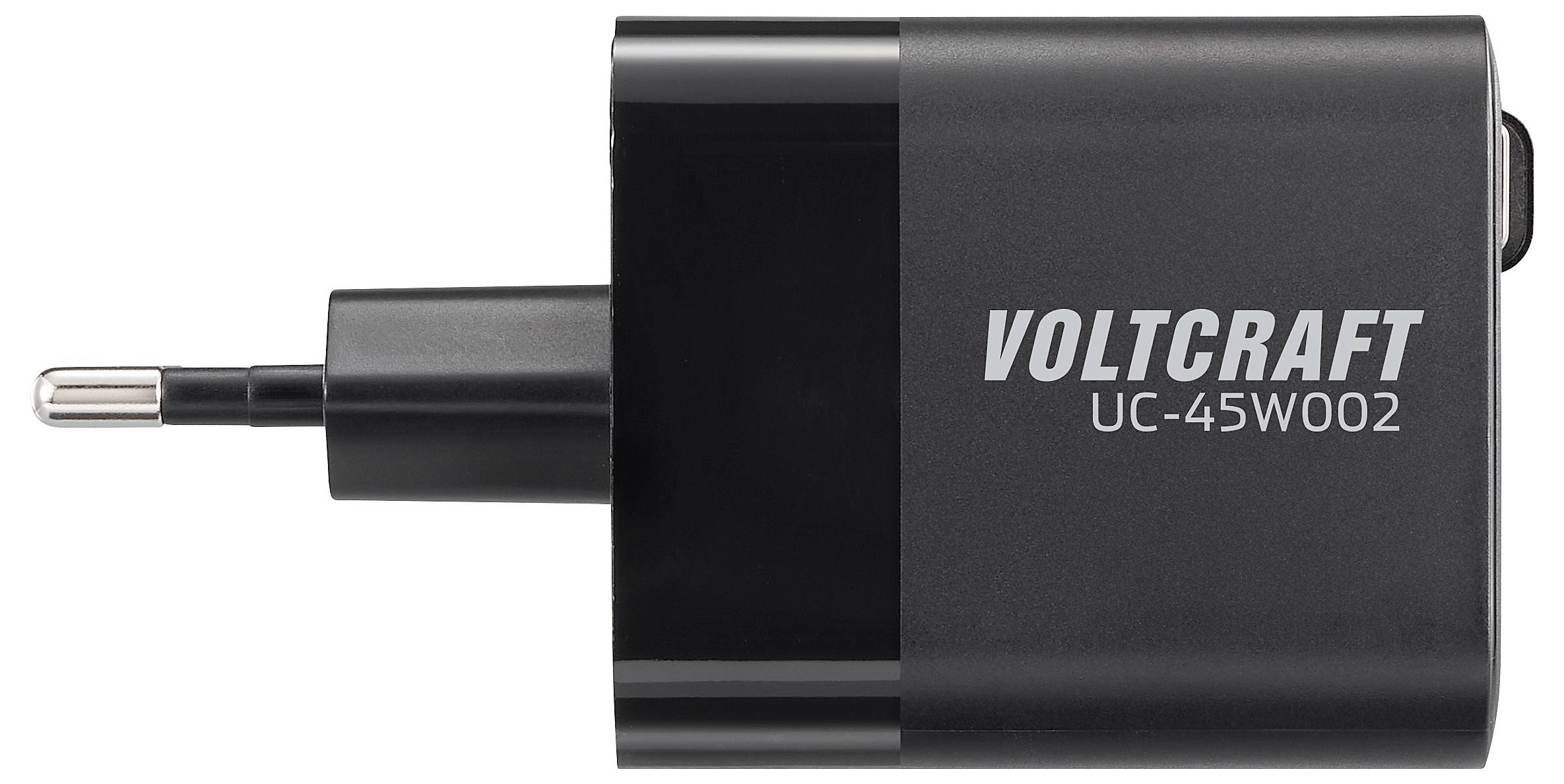 Black wall charger labeled 'Voltcraft UC-45W002' with one USB-C port and European plug.