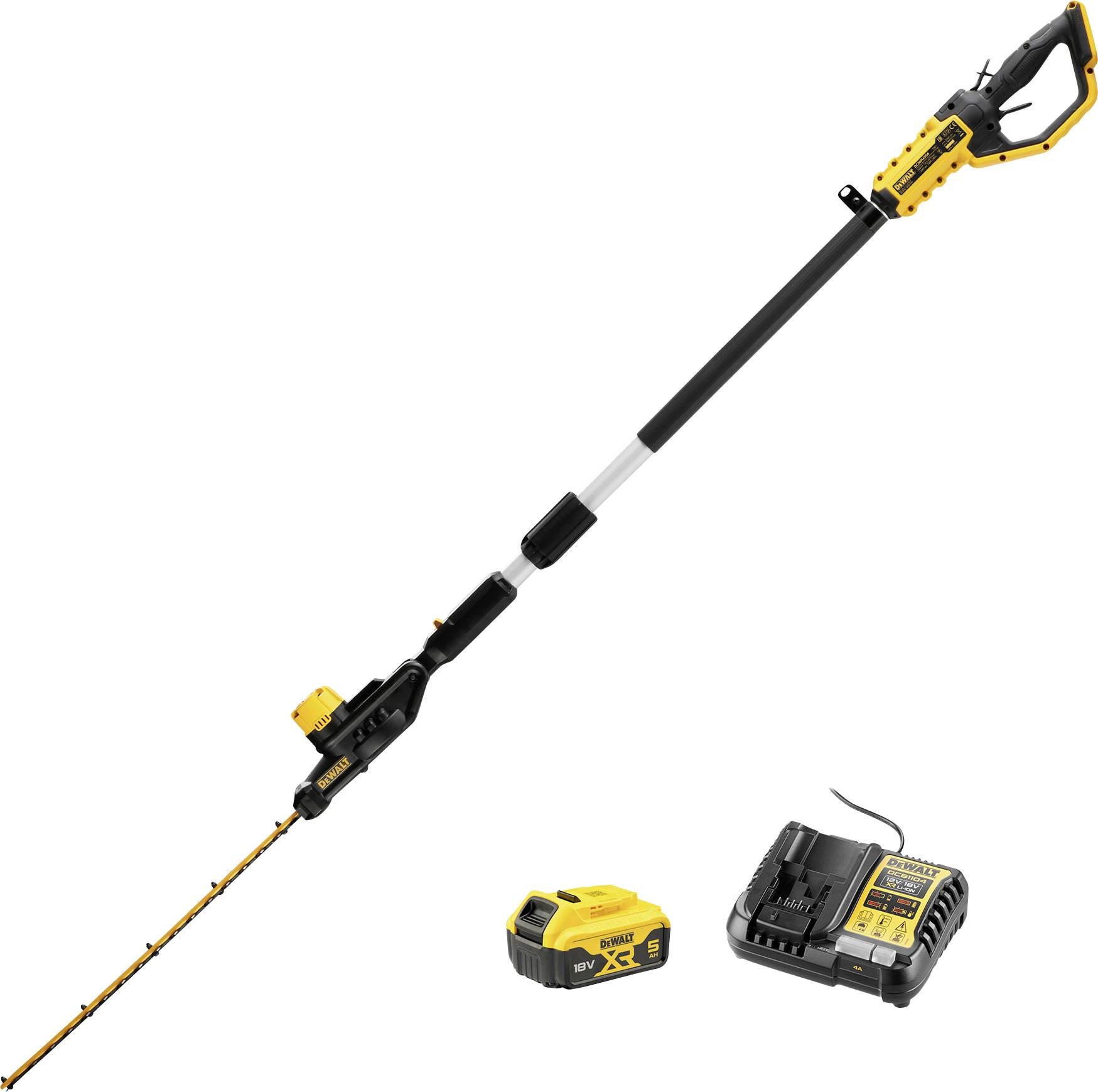 An electric pole saw with a yellow handle and a long black extension, shown next to a battery pack and charging station against a plain background.