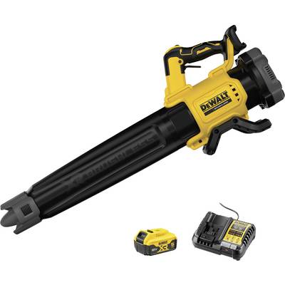 A yellow and black Dewalt leaf blower with a battery and charger shown separately.