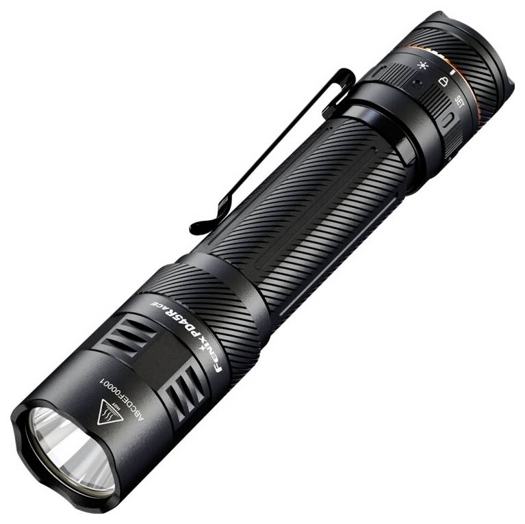 A black handheld flashlight with a clip, textured body for grip, and a visible power button. The brand name is marked on the side.