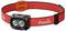 A red headlamp with dual LED lights on an adjustable band, branded 'Fenix,' designed for hands-free illumination in various activities.