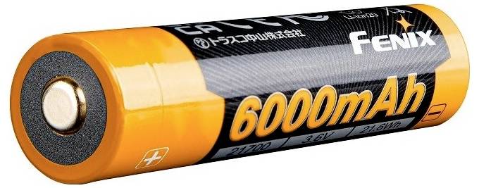 Orange cylindrical battery labeled 'Fenix 6000mAh', with positive and negative terminals visible.
