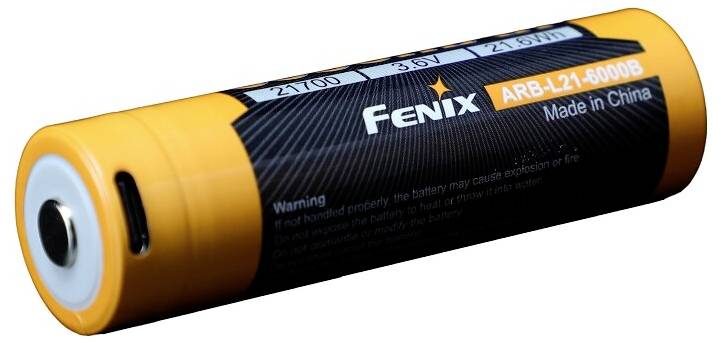 'Fenix ARB-L21-5000B' orange and black rechargeable battery showing specifications and warning about proper usage to prevent hazards.