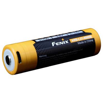 'Fenix ARB-L21-5000B' orange and black rechargeable battery showing specifications and warning about proper usage to prevent hazards.
