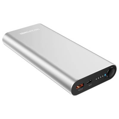 A silver portable power bank with a USB port, USB-C port, and LED indicator lights.