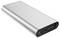 A silver portable power bank with a USB port, USB-C port, and LED indicator lights.