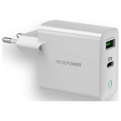 A white wall charger with two ports: a USB-A labeled 'RAPID CHARGE' and a USB-C port. The brand logo 'REALPOWER' is on the side.