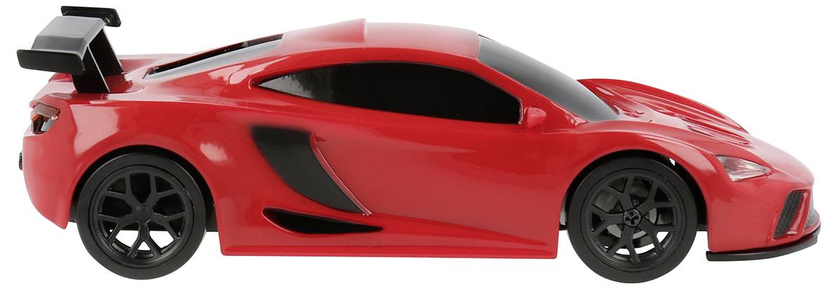 A red toy car with black accents and a large rear spoiler, resembling a sleek sports car, viewed from the side.