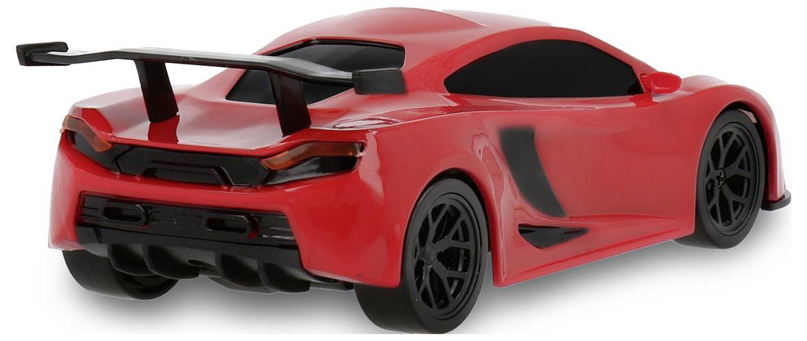 A red toy sports car with a rear spoiler and black wheels, viewed from the back and side on a white background.