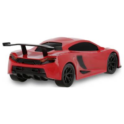 A red toy sports car with a rear spoiler and black wheels, viewed from the back and side on a white background.