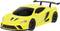 A bright yellow toy sports car with black tinted windows and a large rear spoiler, designed for children's play.