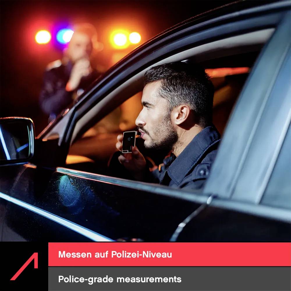 'A man in a car uses a device, with a police officer in the background. Text reads: Messen auf Polizei-Niveau. Police-grade measurements.'
