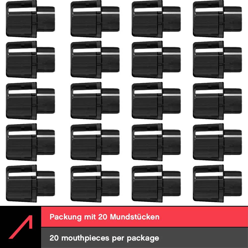 '20 mouthpieces per package' is repeated in four rows of five black mouthpieces each on a white background. Red banner below shows text in German and English.