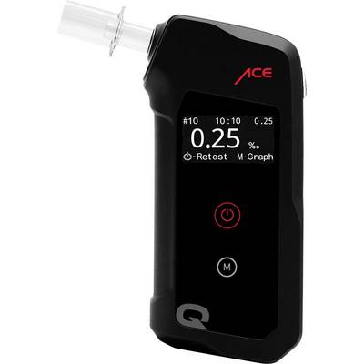 A handheld breathalyzer device with a digital display showing '0.25%', a red power button, and 'M-Graph' and 'Re-test' options.