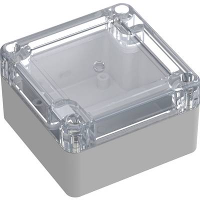 A transparent, square protective cover with rounded corners, placed on a grey rectangular base. Suitable for containing small devices.