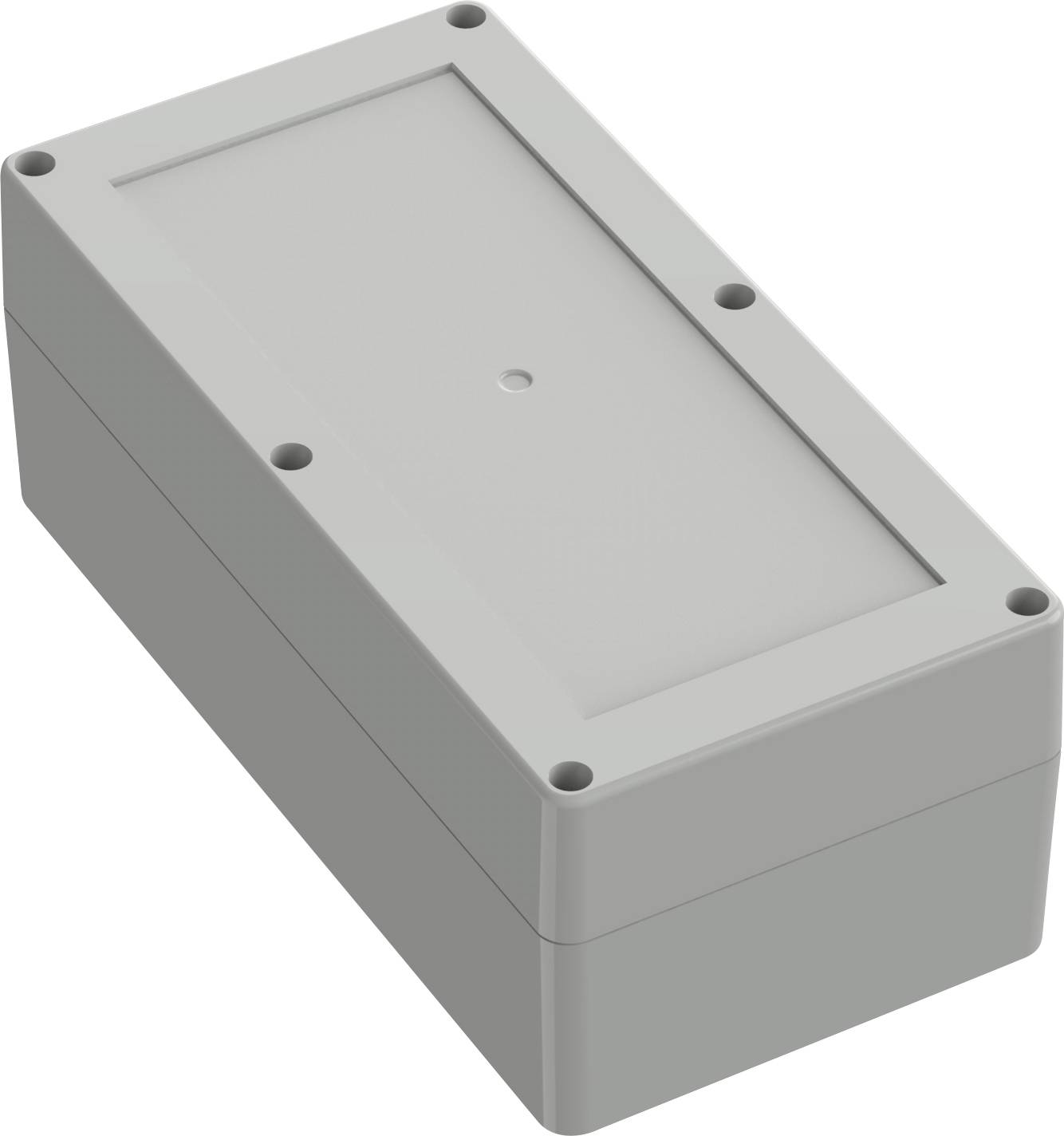 A rectangular gray electronic enclosure box with six screw holes visible on the top surface, used for housing electrical components.