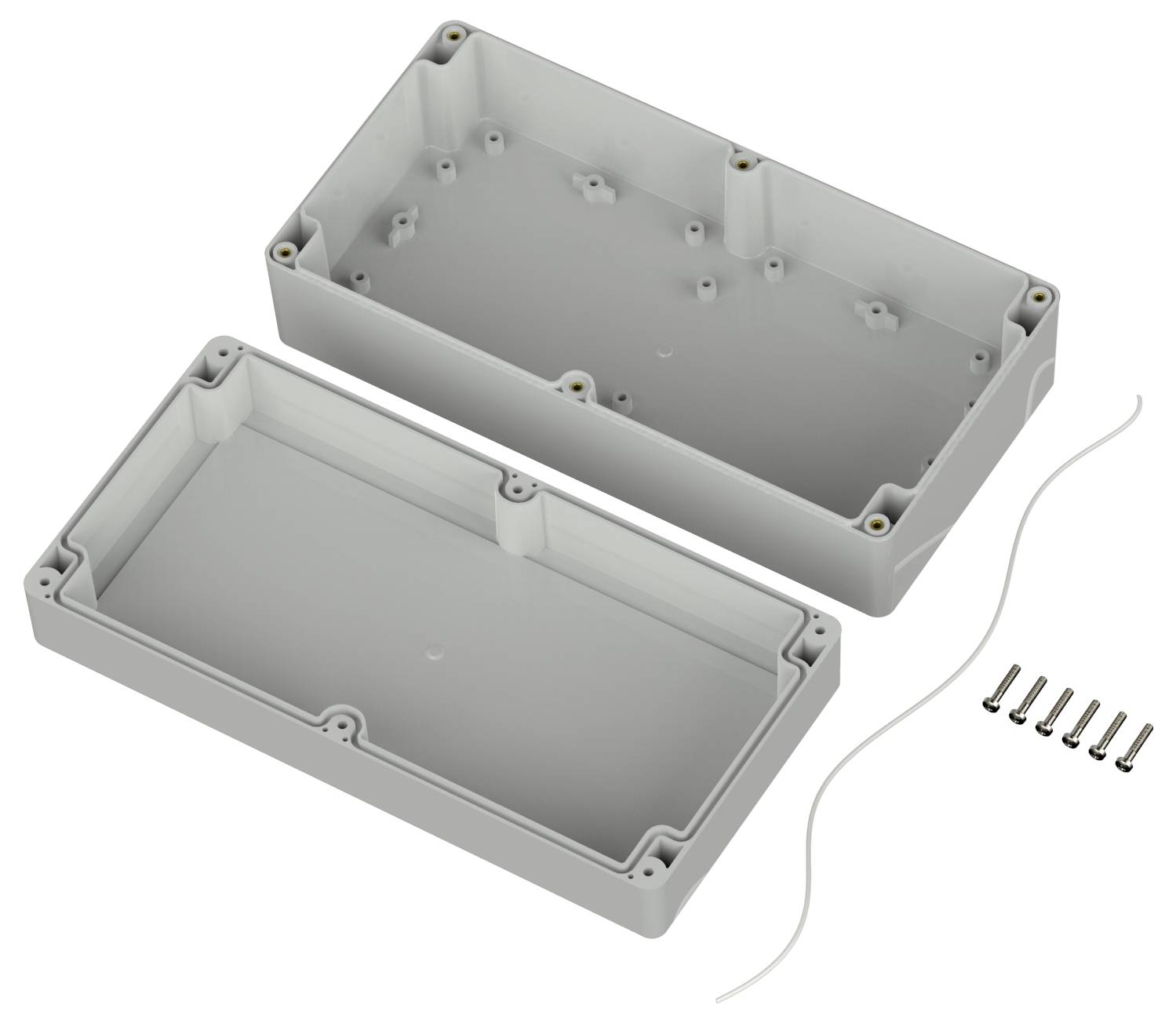 Two-part rectangular plastic enclosure kit, open to display inner compartments. Includes screws and a sealing strip. Used for housing electronics.