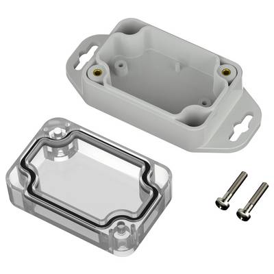 Plastic electrical junction box with open lid, featuring mounting holes and an included sealing gasket. Two screws are beside the box.