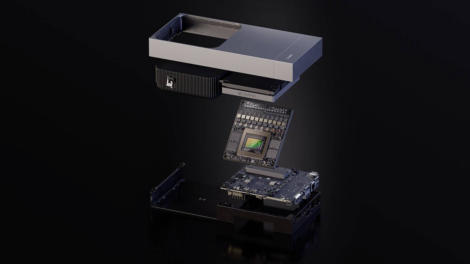Exploded view of a computer component showing layers: outer casing, circuit board, chip, and internal parts. Displayed on a dark background.
