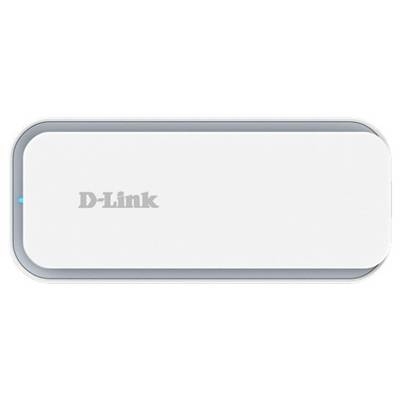A white, rectangular D-Link wireless router with a small blue indicator light in the corner.