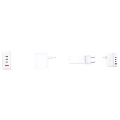 'White USB wall charger with three USB ports, shown from various angles to display its features and compact design.'