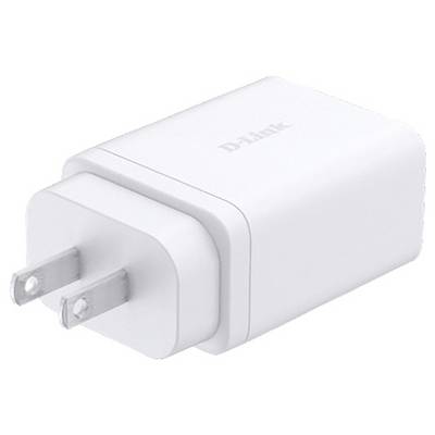 A white D-Link power adapter with two metal prongs, used for charging electronic devices.