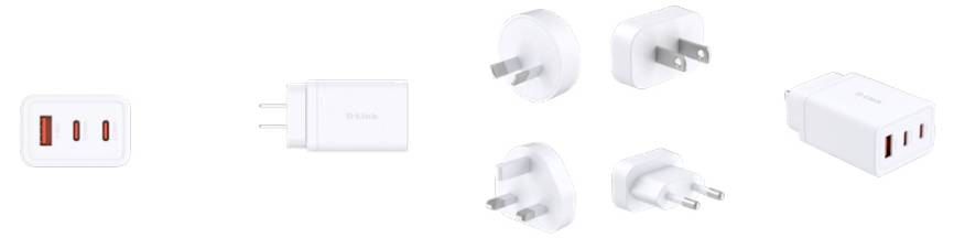 A variety of white USB power adapters with different plug types and orientations, designed for international use.