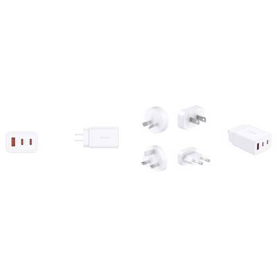 A variety of white USB power adapters with different plug types and orientations, designed for international use.