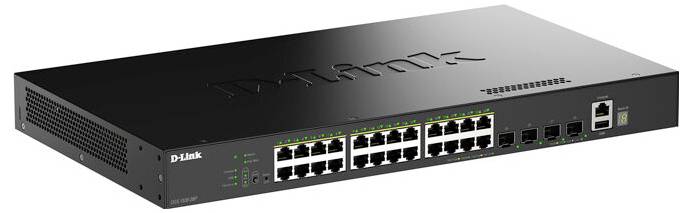 D-Link network switch with 24 Ethernet ports and LED indicator lights, used for connecting multiple devices to a network.
