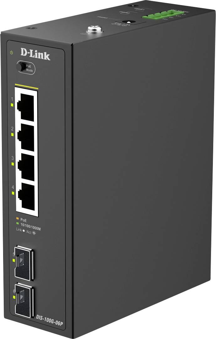 'Black D-Link network switch with four Ethernet ports and two additional lower slots. LEDs on top indicate status and activity.'