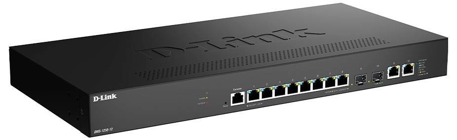 D-Link network switch with 11 ports, including ethernet and uplink connections, and LED status indicators on the front panel.
