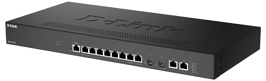 A D-Link network switch with multiple Ethernet ports and LED indicators, used for managing and routing data in a network setup.