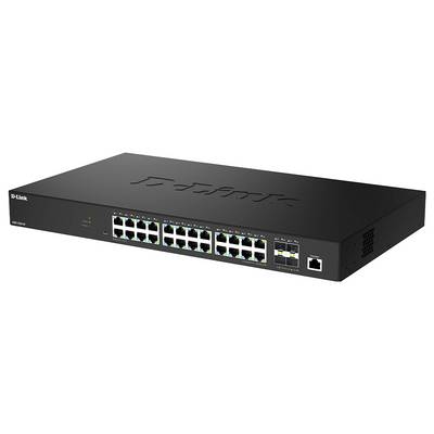 A black network switch with 24 Ethernet ports and LED indicators on the front panel, labeled 'D-Link.'